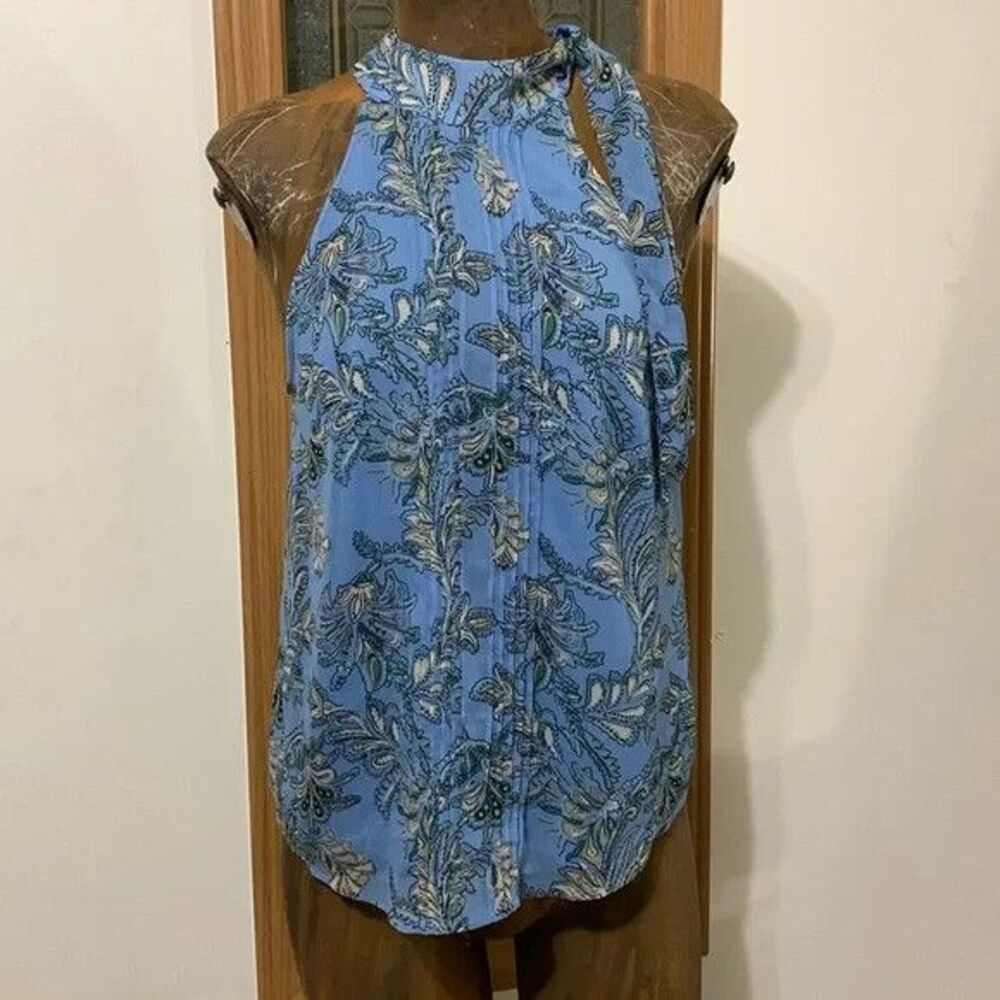 Joie Sleeveless Pleated Blouse Women's Small Blue Floral Tank Tie High Neck
